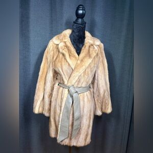 Vintage Genuine Mink Fur Coat Honey Brown Belted